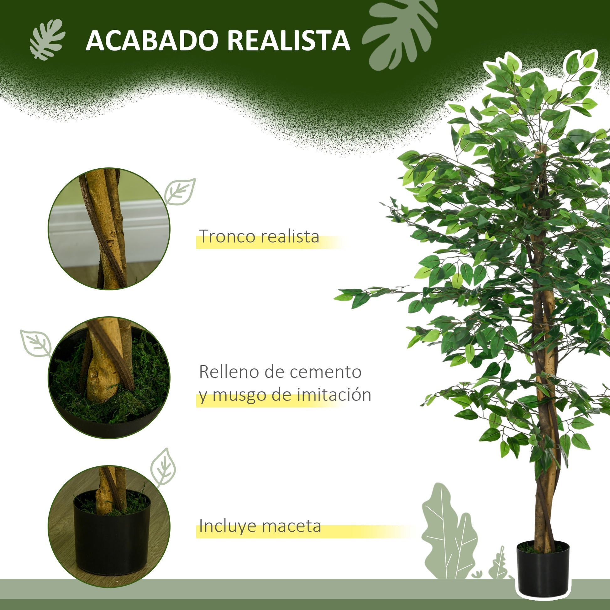 Artificial Ficus with Natural Trunks 150 cm Artificial Plant with Pot and 882 Leaves Artificial Tree Decoration for Home Living Room Office Green