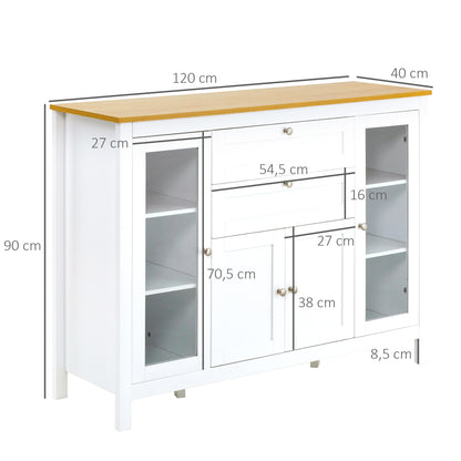 Kitchen Sideboard with 2 Drawers, 2 Glass Doors, and Adjustable Shelves Storage Cabinet for Dining Room Living Room 120x40x90 cm White