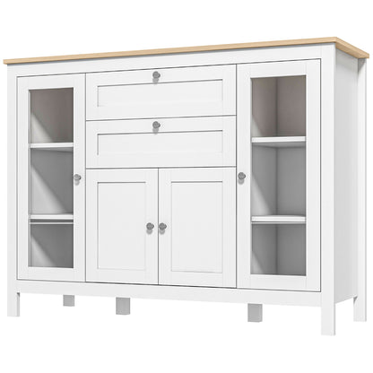 Kitchen Sideboard with 2 Drawers, 2 Glass Doors, and Adjustable Shelves Storage Cabinet for Dining Room Living Room 120x40x90 cm White