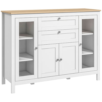 Kitchen Sideboard with 2 Drawers, 2 Glass Doors, and Adjustable Shelves Storage Cabinet for Dining Room Living Room 120x40x90 cm White