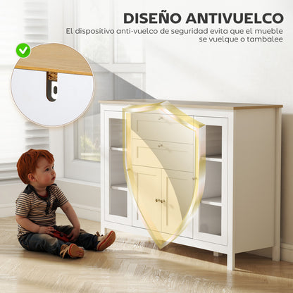 Kitchen Sideboard with 2 Drawers, 2 Glass Doors, and Adjustable Shelves Storage Cabinet for Dining Room Living Room 120x40x90 cm White