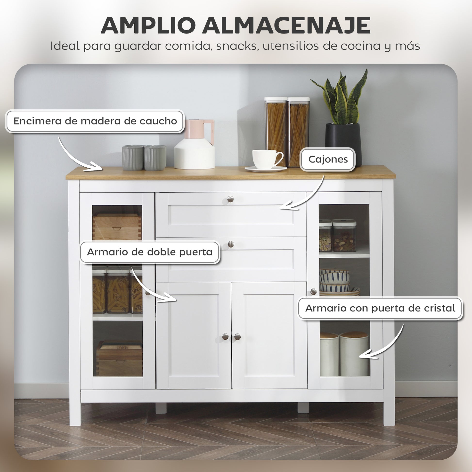 Kitchen Sideboard with 2 Drawers, 2 Glass Doors, and Adjustable Shelves Storage Cabinet for Dining Room Living Room 120x40x90 cm White