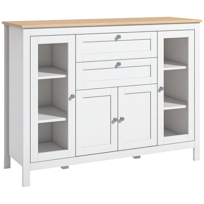 Kitchen Sideboard with 2 Drawers, 2 Glass Doors, and Adjustable Shelves Storage Cabinet for Dining Room Living Room 120x40x90 cm White