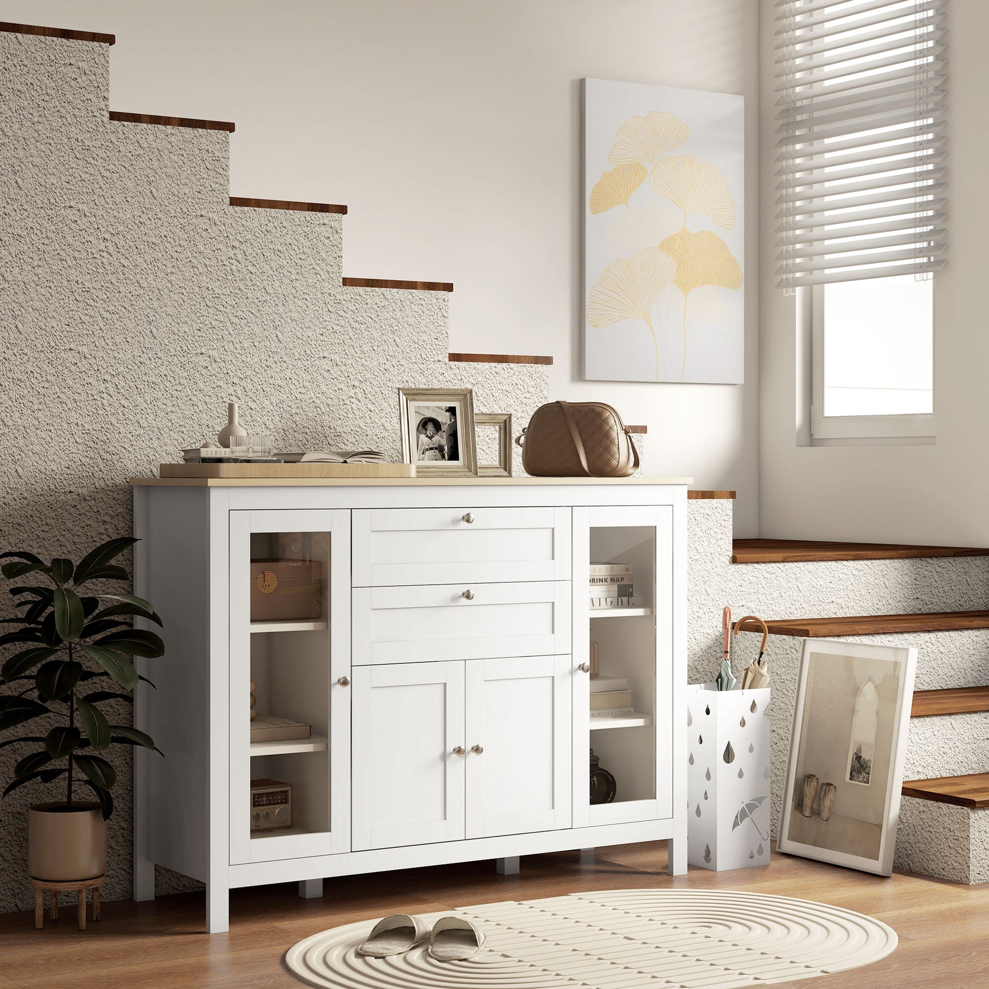 Kitchen Sideboard with 2 Drawers, 2 Glass Doors, and Adjustable Shelves Storage Cabinet for Dining Room Living Room 120x40x90 cm White
