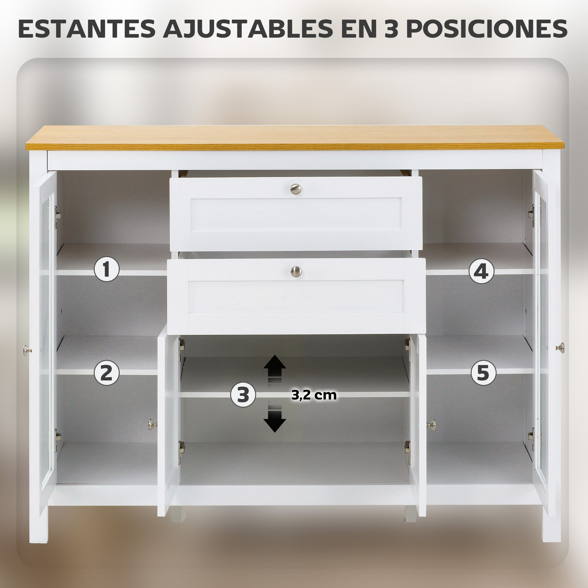 Kitchen Sideboard with 2 Drawers, 2 Glass Doors, and Adjustable Shelves Storage Cabinet for Dining Room Living Room 120x40x90 cm White