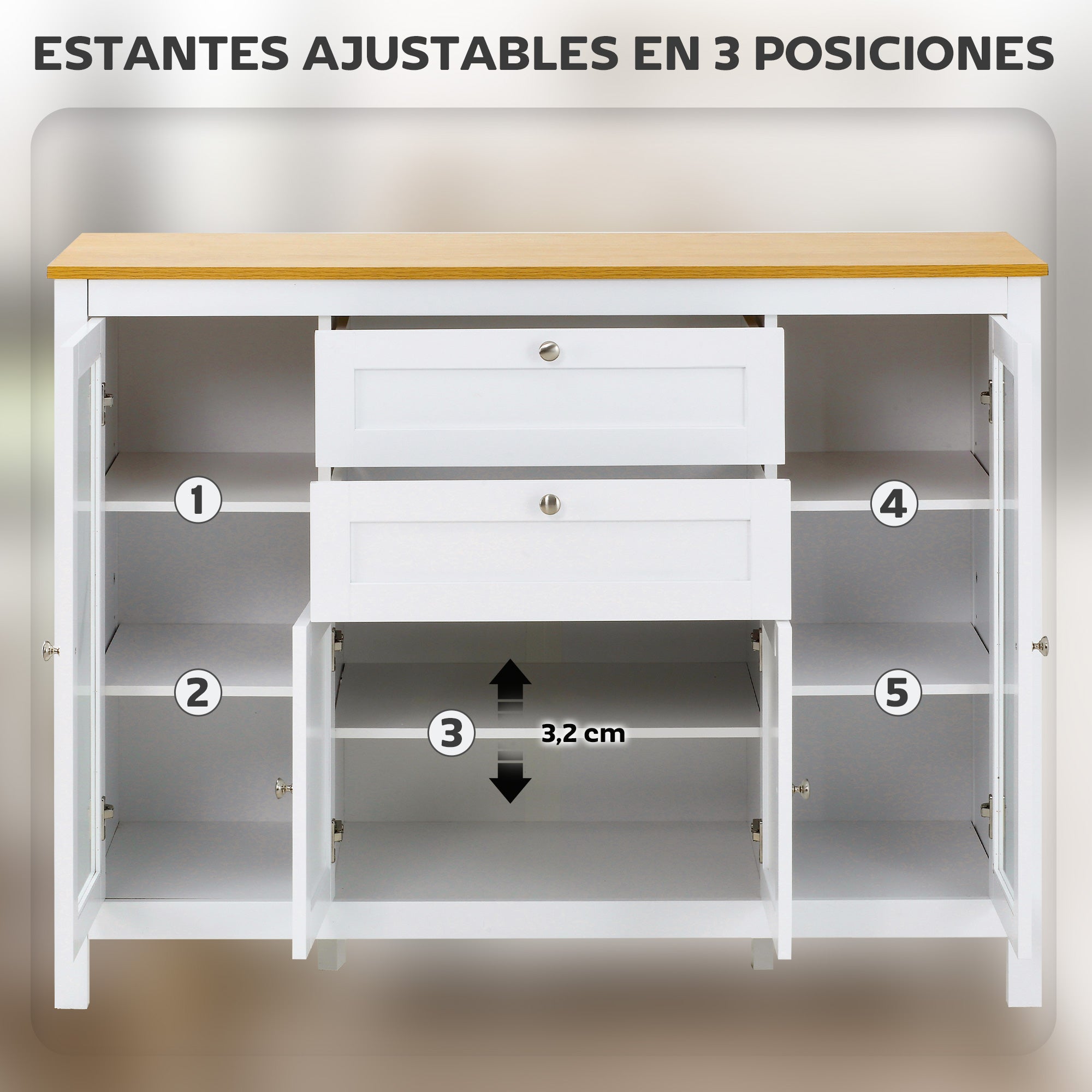 Kitchen Sideboard with 2 Drawers, 2 Glass Doors, and Adjustable Shelves Storage Cabinet for Dining Room Living Room 120x40x90 cm White