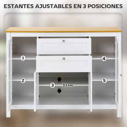 Kitchen Sideboard with 2 Drawers, 2 Glass Doors, and Adjustable Shelves Storage Cabinet for Dining Room Living Room 120x40x90 cm White