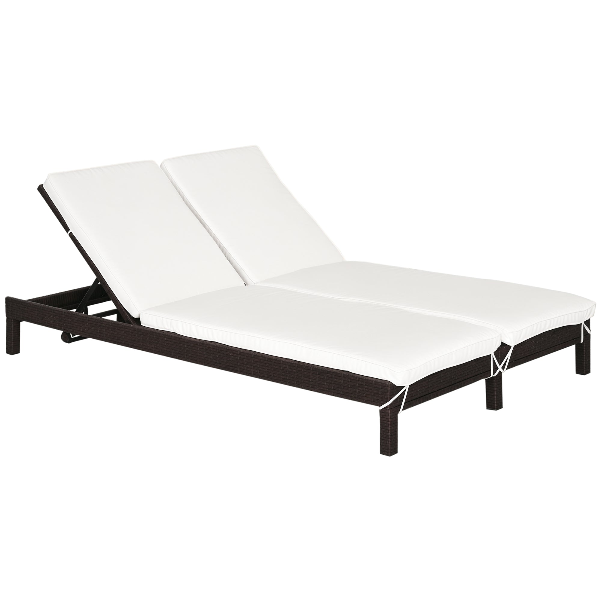 2-Seater Sun Lounger, Steel and Rattan Chaise Longue, Adjustable Backrest, 196 x 120 x 28cm Brown and Cream White