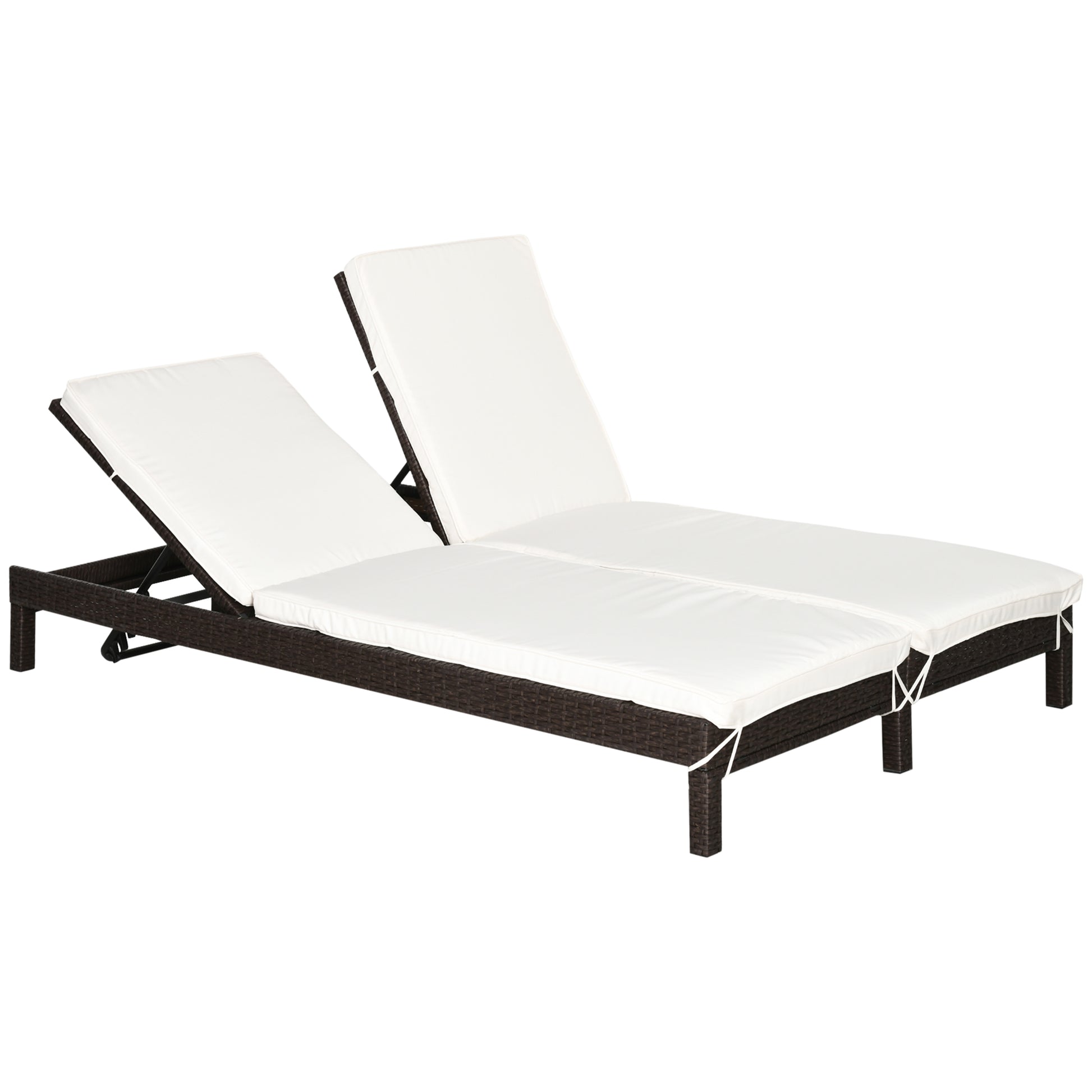 2-Seater Sun Lounger, Steel and Rattan Chaise Longue, Adjustable Backrest, 196 x 120 x 28cm Brown and Cream White