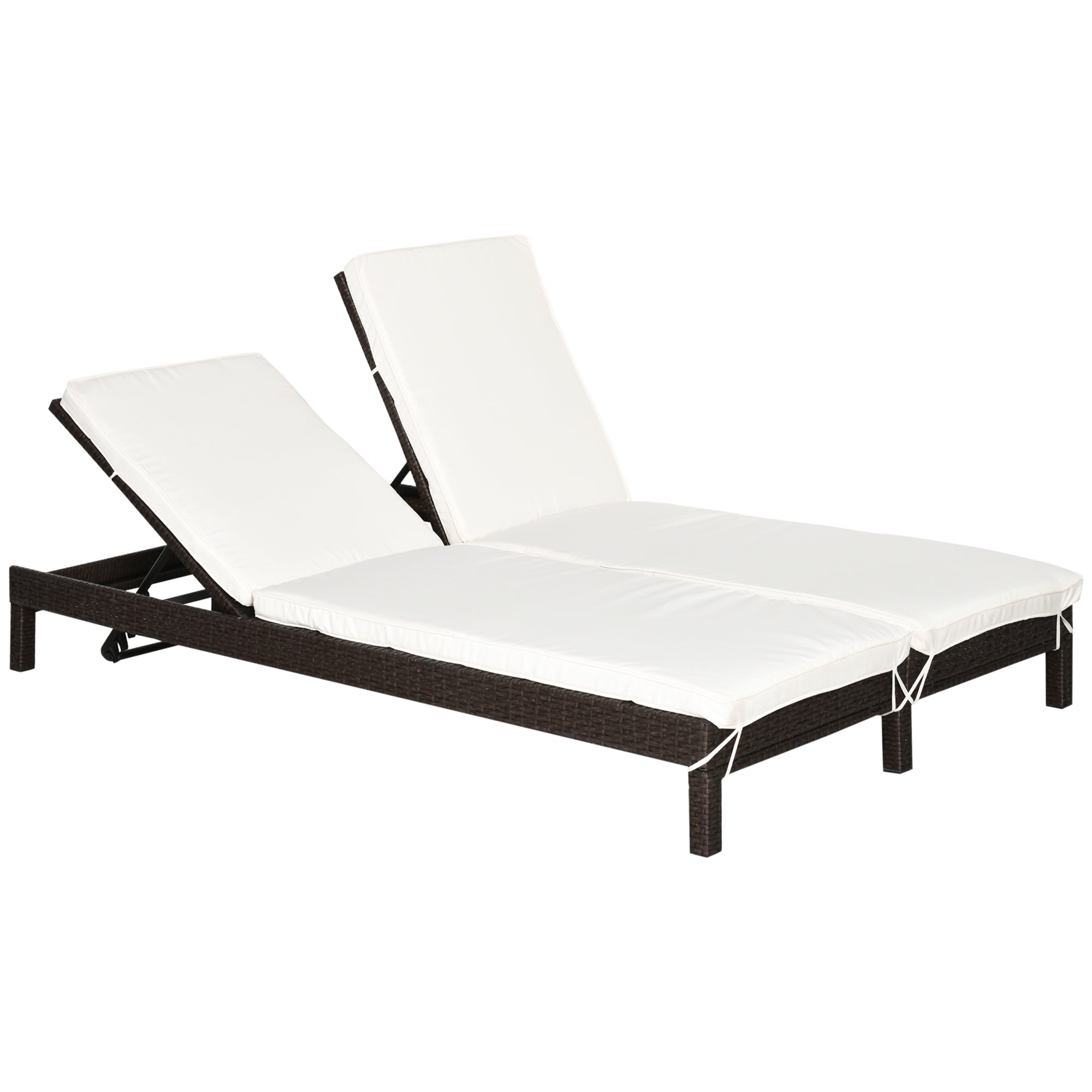 2-Seater Sun Lounger, Steel and Rattan Chaise Longue, Adjustable Backrest, 196 x 120 x 28cm Brown and Cream White