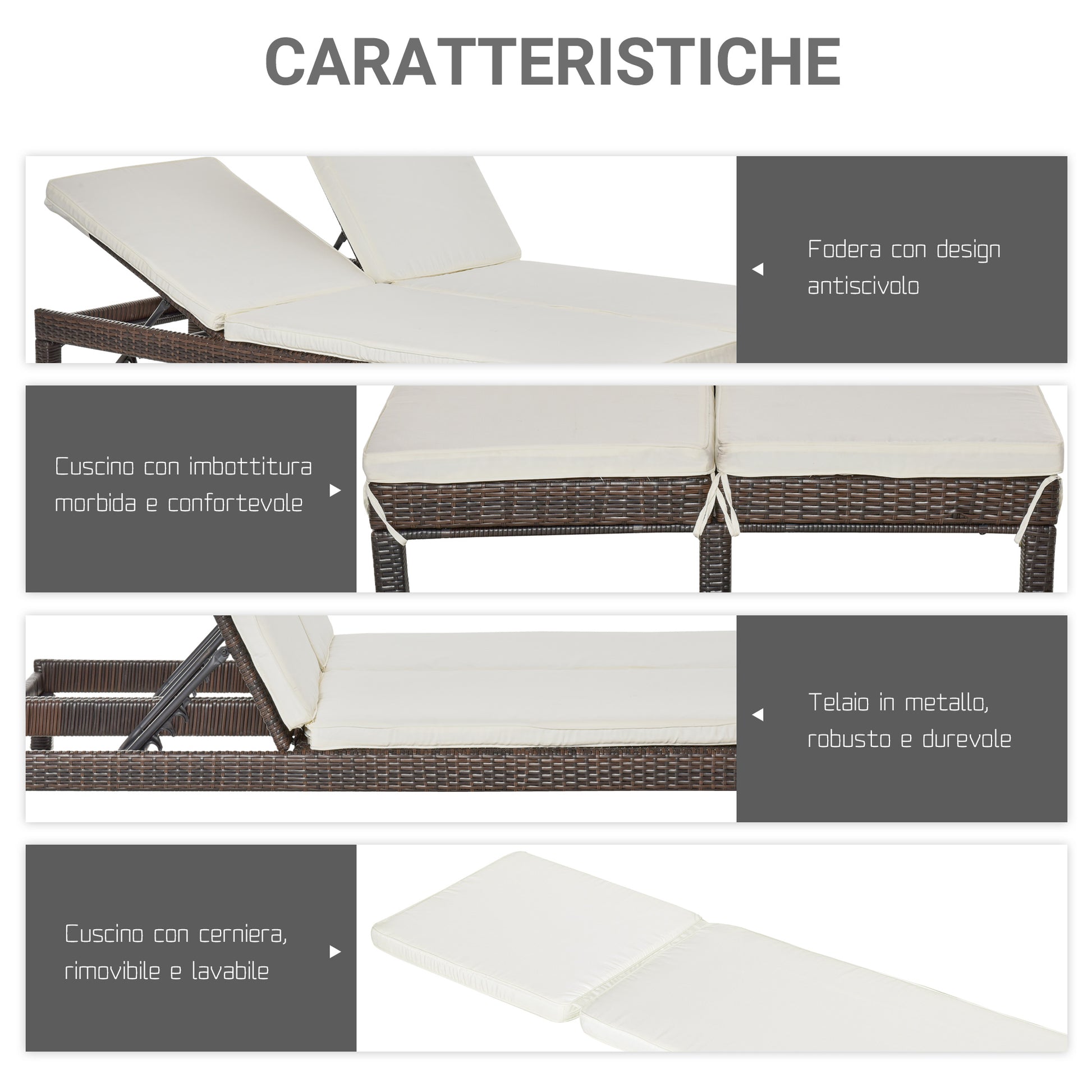 2-Seater Sun Lounger, Steel and Rattan Chaise Longue, Adjustable Backrest, 196 x 120 x 28cm Brown and Cream White