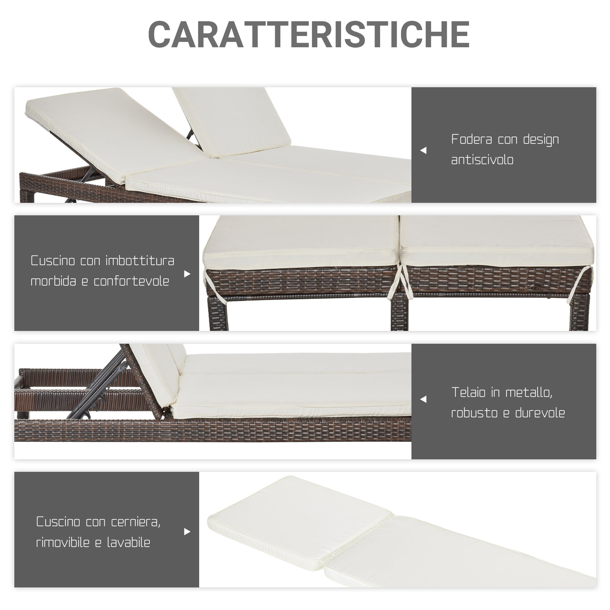 2-Seater Sun Lounger, Steel and Rattan Chaise Longue, Adjustable Backrest, 196 x 120 x 28cm Brown and Cream White