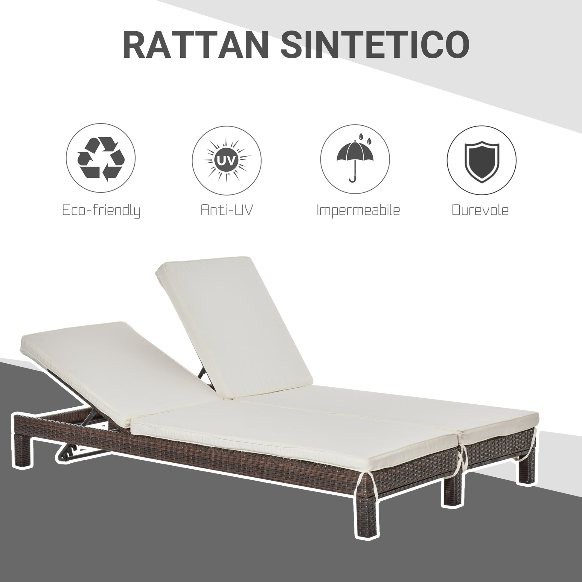 2-Seater Sun Lounger, Steel and Rattan Chaise Longue, Adjustable Backrest, 196 x 120 x 28cm Brown and Cream White