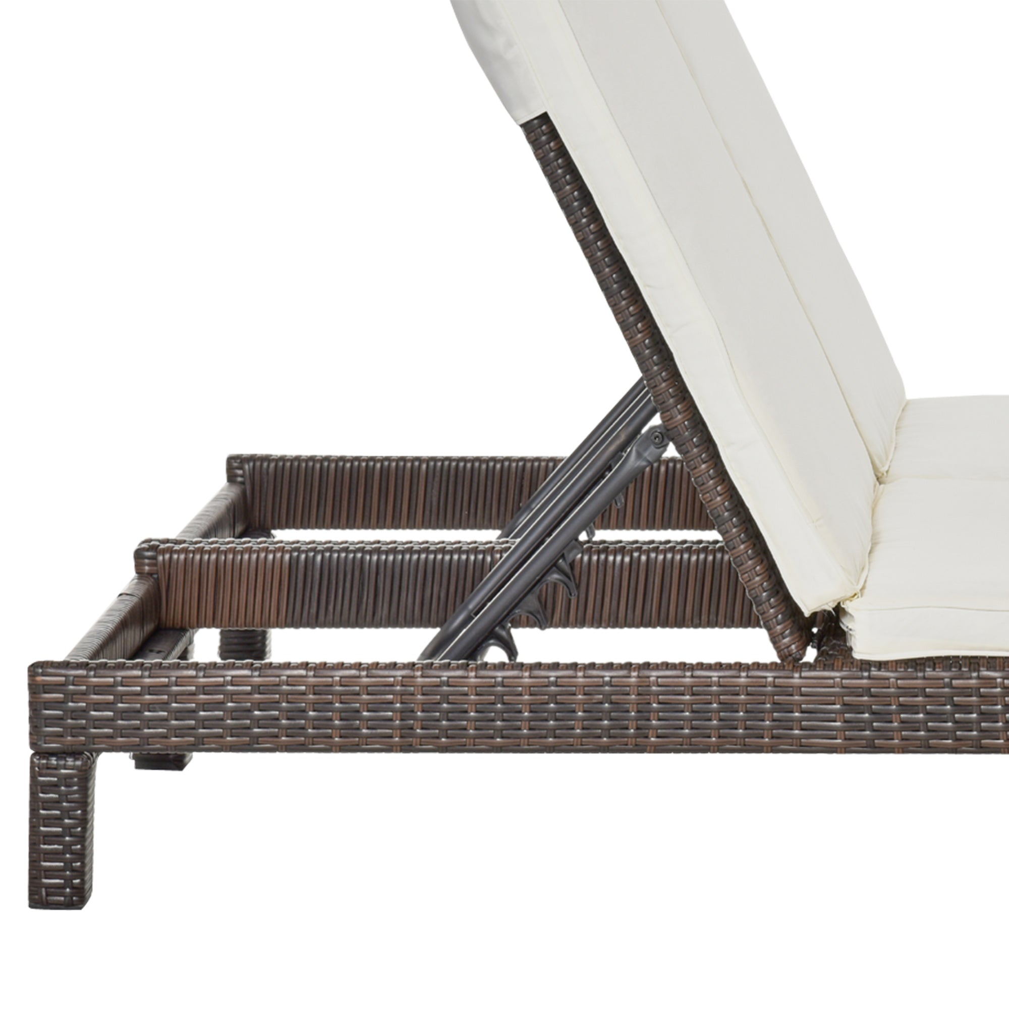 2-Seater Sun Lounger, Steel and Rattan Chaise Longue, Adjustable Backrest, 196 x 120 x 28cm Brown and Cream White
