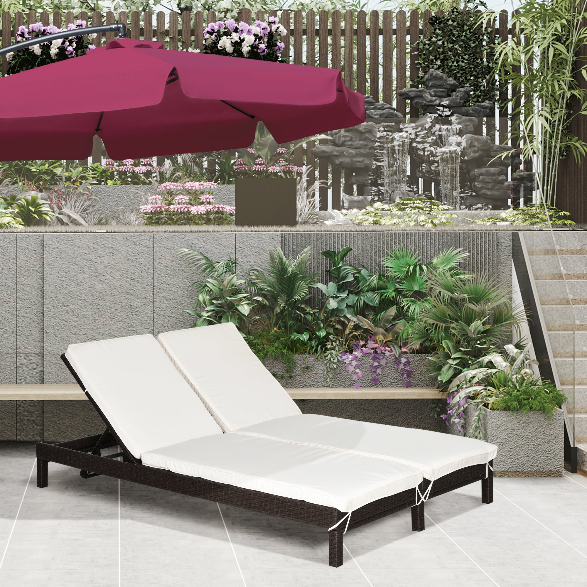 2-Seater Sun Lounger, Steel and Rattan Chaise Longue, Adjustable Backrest, 196 x 120 x 28cm Brown and Cream White