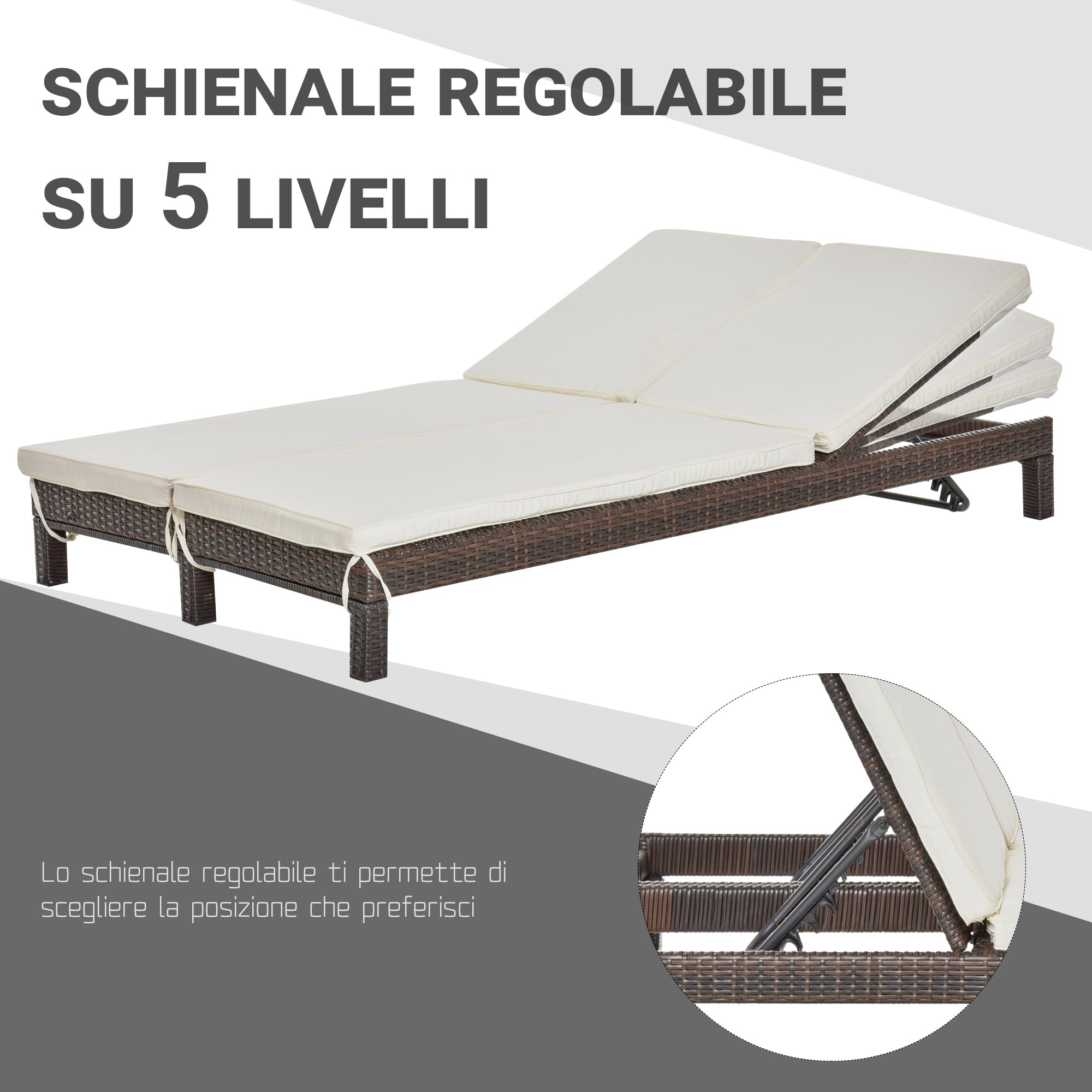 2-Seater Sun Lounger, Steel and Rattan Chaise Longue, Adjustable Backrest, 196 x 120 x 28cm Brown and Cream White