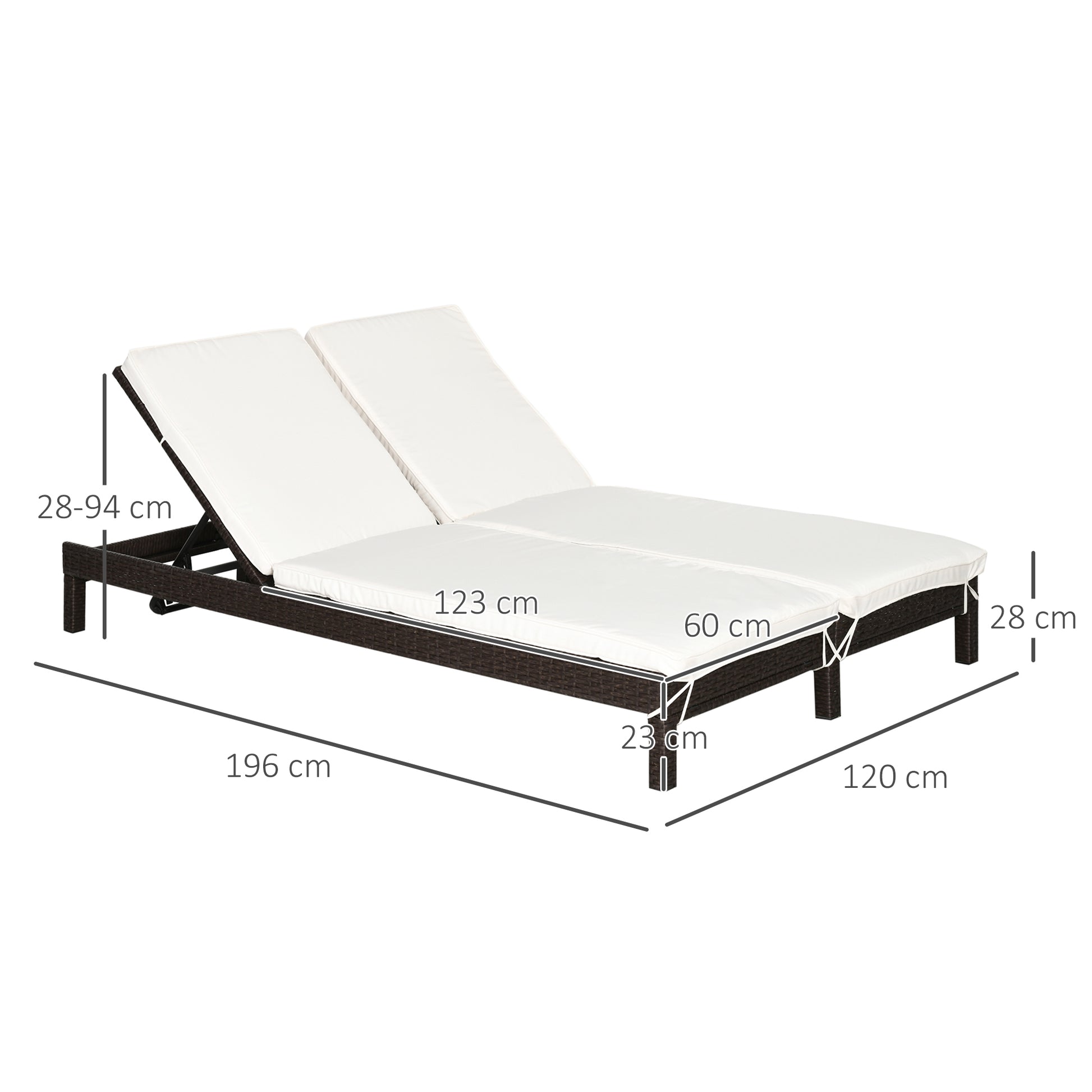 2-Seater Sun Lounger, Steel and Rattan Chaise Longue, Adjustable Backrest, 196 x 120 x 28cm Brown and Cream White