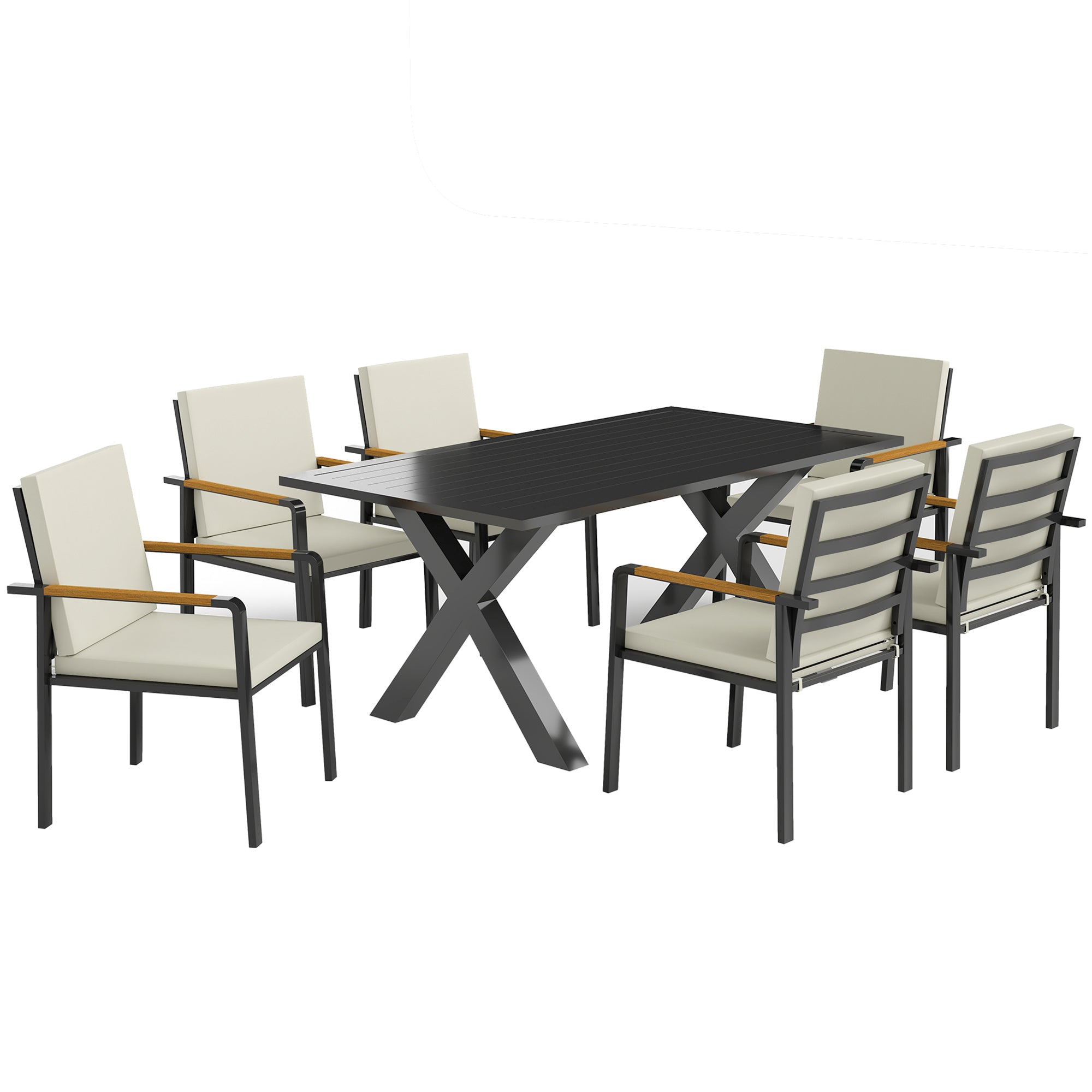 7-Piece Patio Set Dining Group Balcony Furniture 1 Table + 6 Chairs Patio Furniture Set Seating Group with Cushions Weatherproof Aluminum Frame Black + Gray