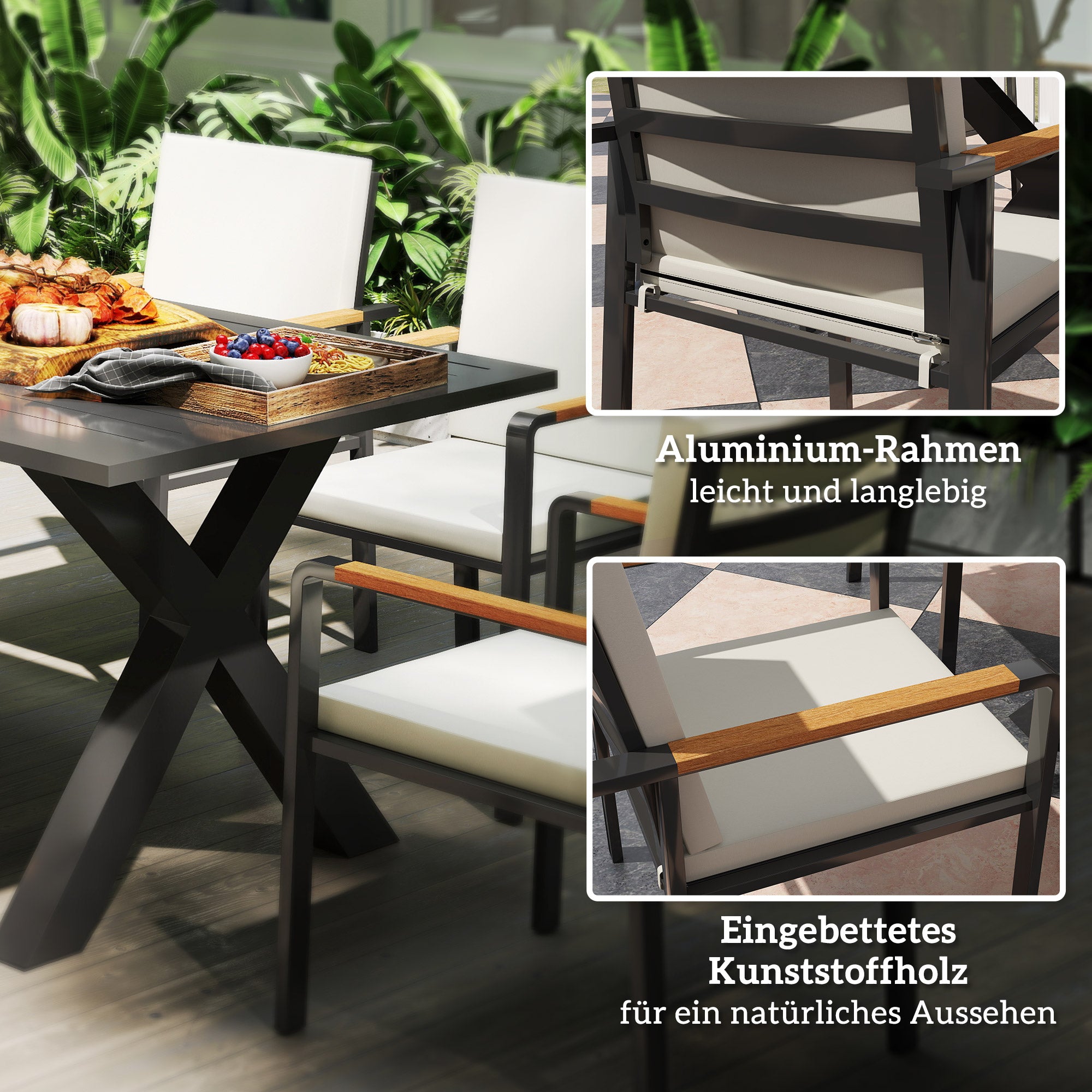 7-Piece Patio Set Dining Group Balcony Furniture 1 Table + 6 Chairs Patio Furniture Set Seating Group with Cushions Weatherproof Aluminum Frame Black + Gray