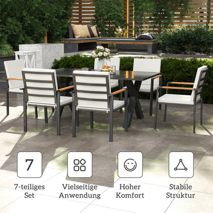 7-Piece Patio Set Dining Group Balcony Furniture 1 Table + 6 Chairs Patio Furniture Set Seating Group with Cushions Weatherproof Aluminum Frame Black + Gray