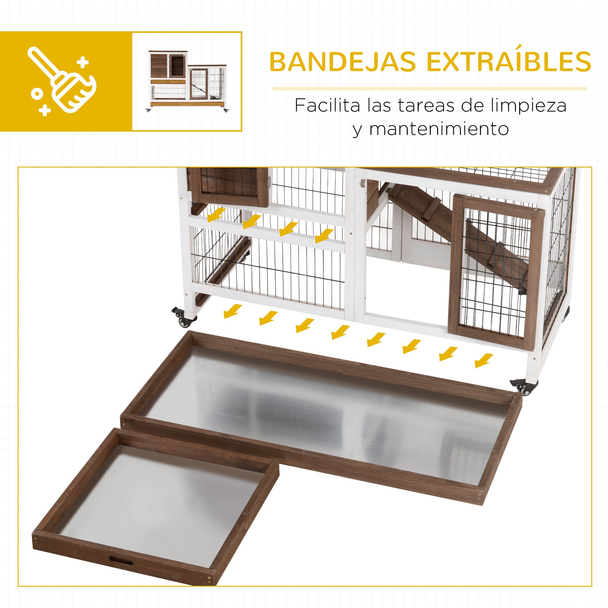 2-Level Wooden Rabbit Hutch with Wheels Doors Open Area Ramp and 2 Removable Trays Indoor Rabbit Hutch 110x50x88 cm Brown