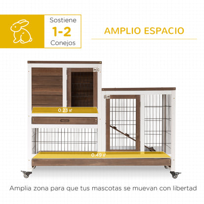 2-Level Wooden Rabbit Hutch with Wheels Doors Open Area Ramp and 2 Removable Trays Indoor Rabbit Hutch 110x50x88 cm Brown