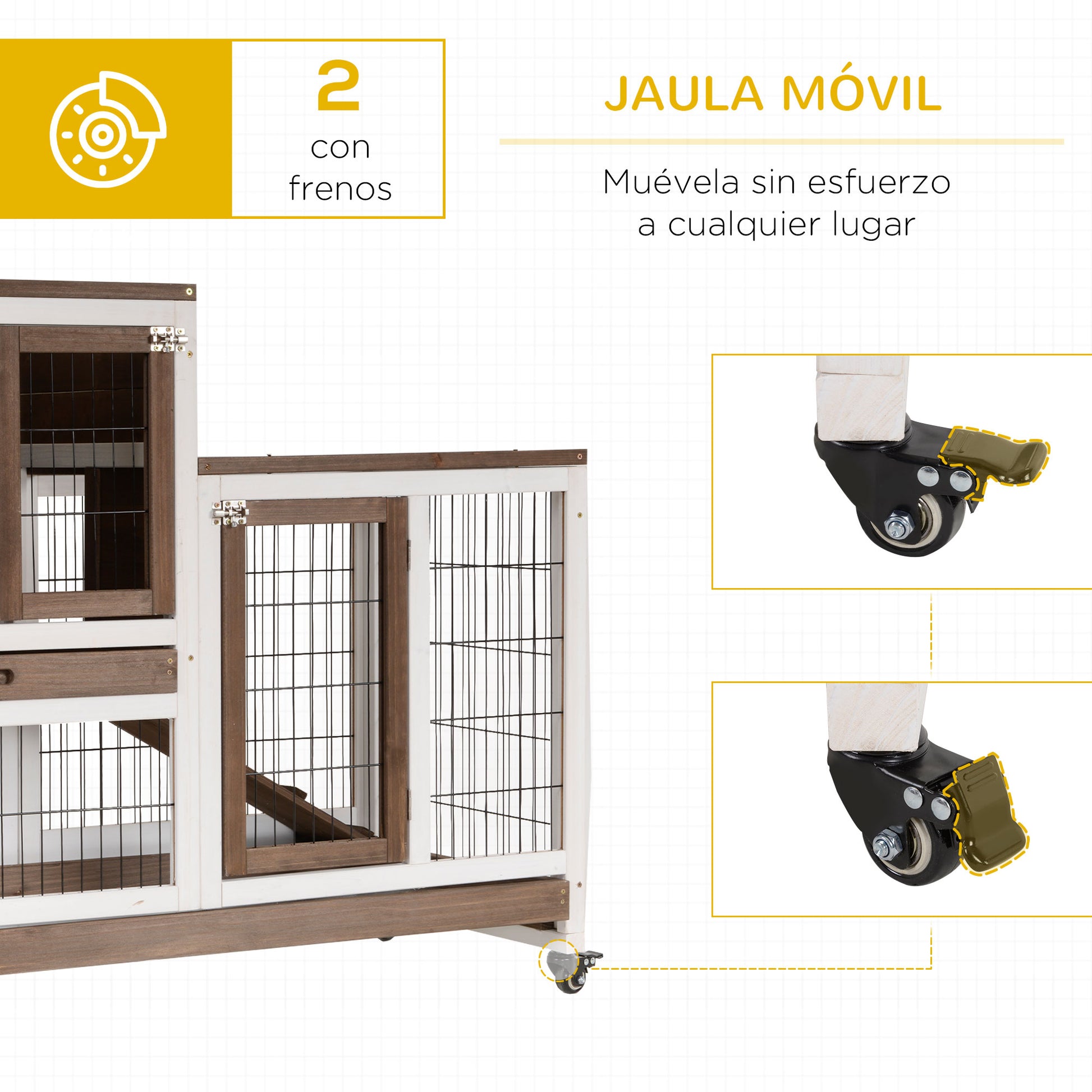 2-Level Wooden Rabbit Hutch with Wheels Doors Open Area Ramp and 2 Removable Trays Indoor Rabbit Hutch 110x50x88 cm Brown