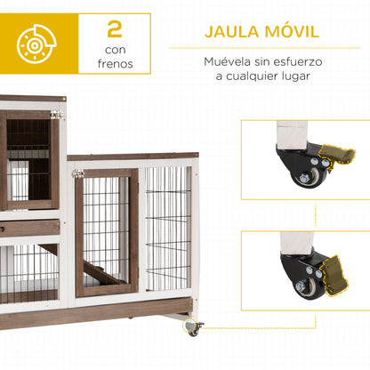 2-Level Wooden Rabbit Hutch with Wheels Doors Open Area Ramp and 2 Removable Trays Indoor Rabbit Hutch 110x50x88 cm Brown