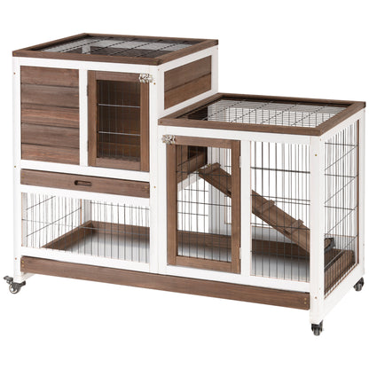 2-Level Wooden Rabbit Hutch with Wheels Doors Open Area Ramp and 2 Removable Trays Indoor Rabbit Hutch 110x50x88 cm Brown