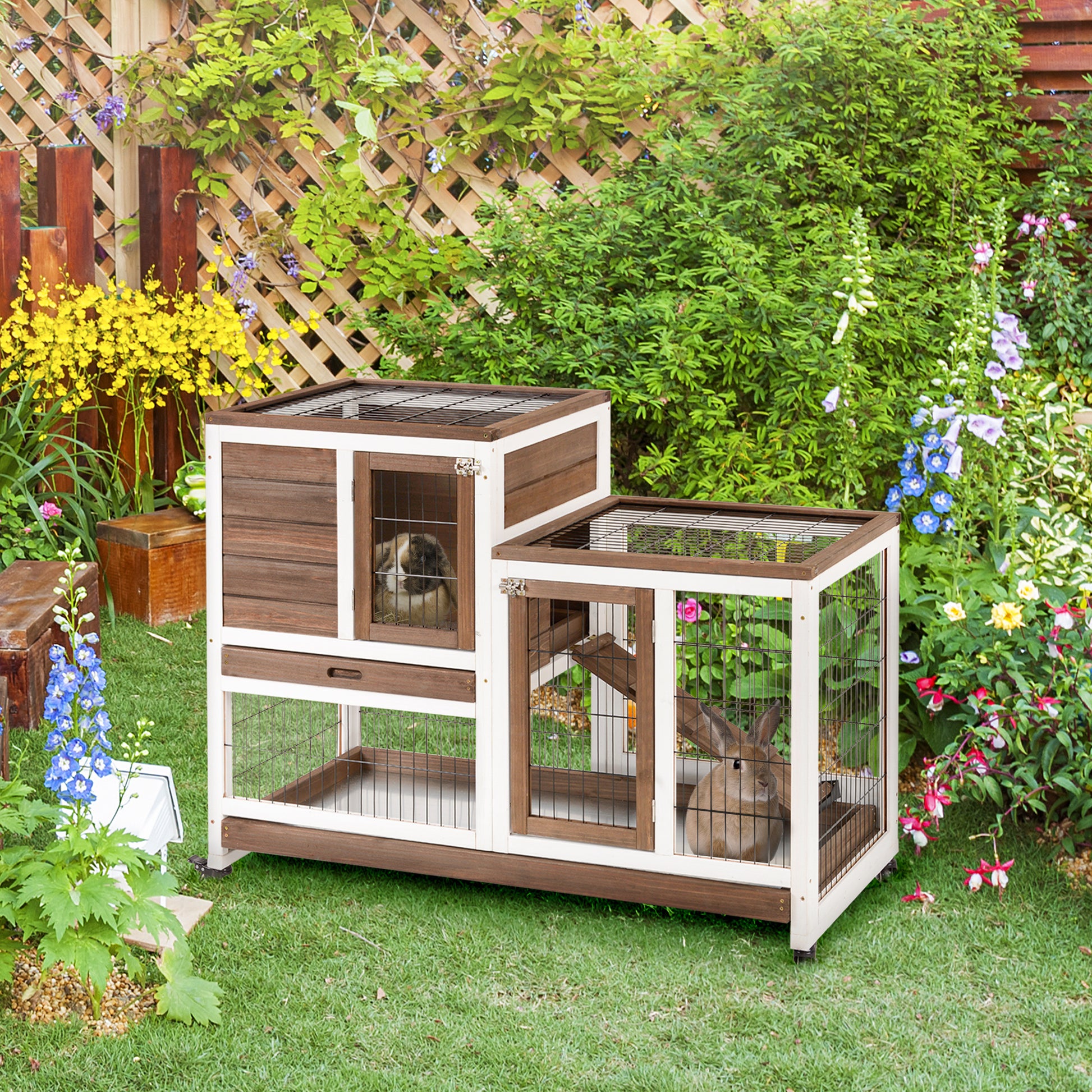 2-Level Wooden Rabbit Hutch with Wheels Doors Open Area Ramp and 2 Removable Trays Indoor Rabbit Hutch 110x50x88 cm Brown