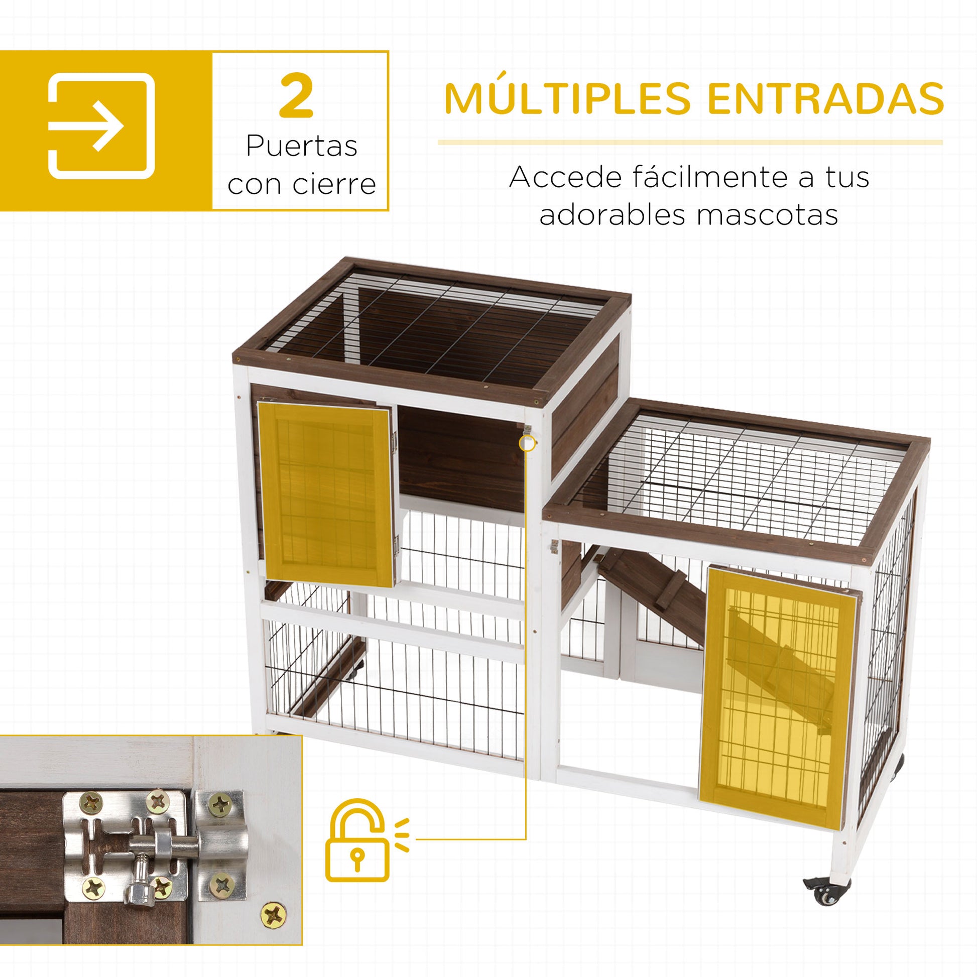 2-Level Wooden Rabbit Hutch with Wheels Doors Open Area Ramp and 2 Removable Trays Indoor Rabbit Hutch 110x50x88 cm Brown