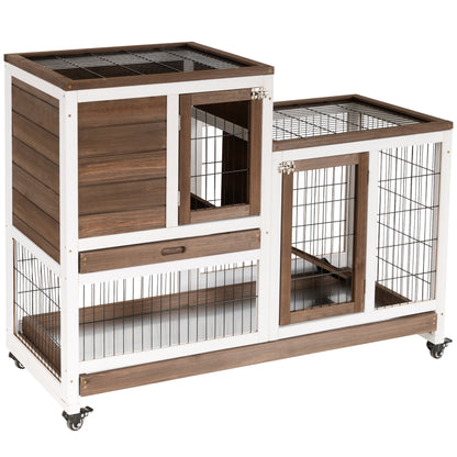 2-Level Wooden Rabbit Hutch with Wheels Doors Open Area Ramp and 2 Removable Trays Indoor Rabbit Hutch 110x50x88 cm Brown