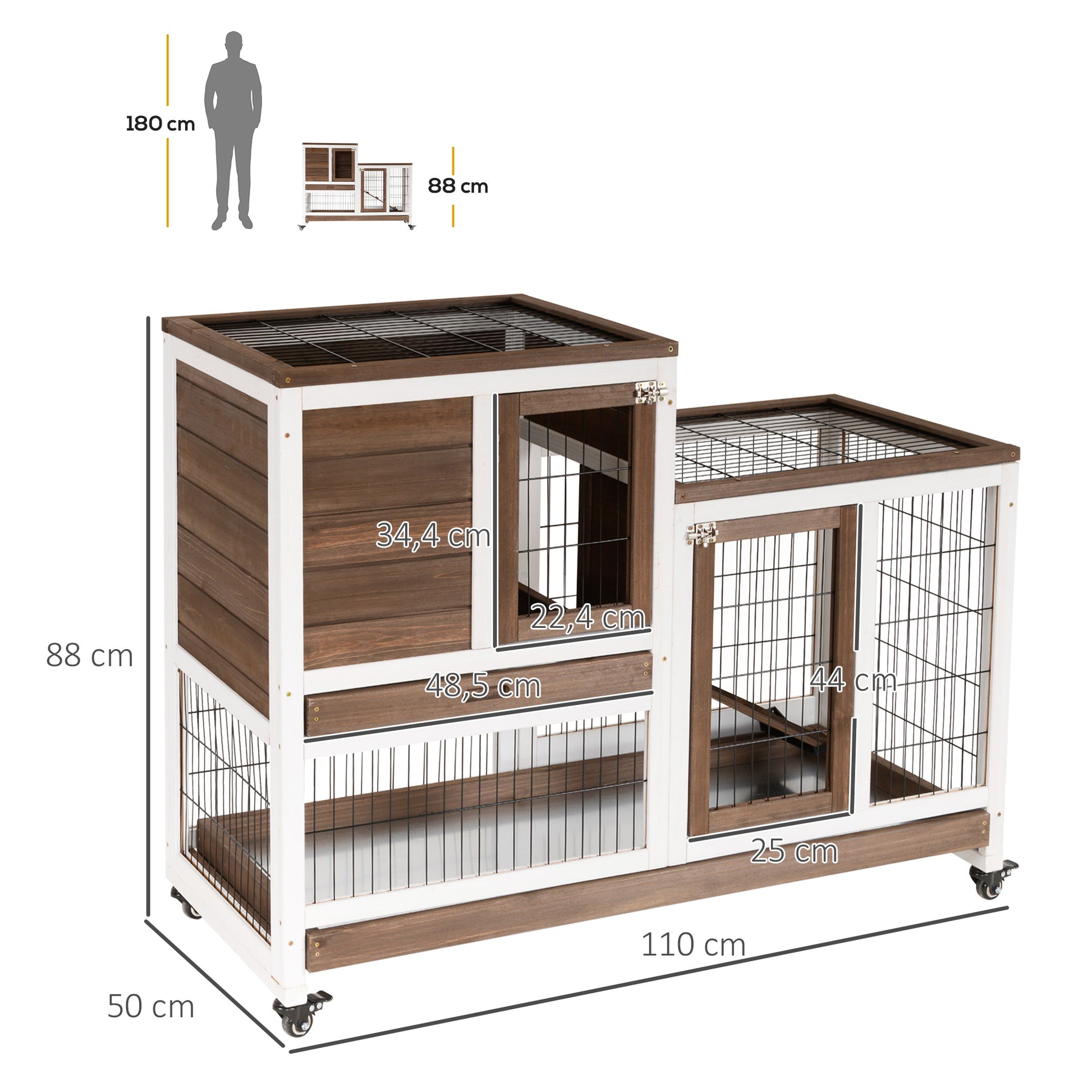 2-Level Wooden Rabbit Hutch with Wheels Doors Open Area Ramp and 2 Removable Trays Indoor Rabbit Hutch 110x50x88 cm Brown