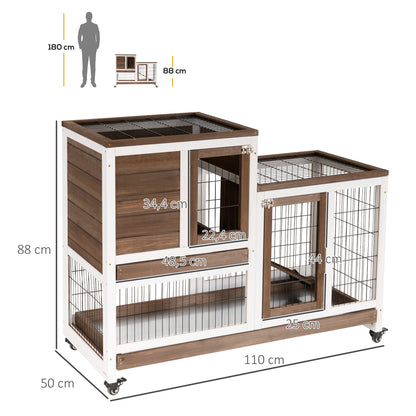 2-Level Wooden Rabbit Hutch with Wheels Doors Open Area Ramp and 2 Removable Trays Indoor Rabbit Hutch 110x50x88 cm Brown