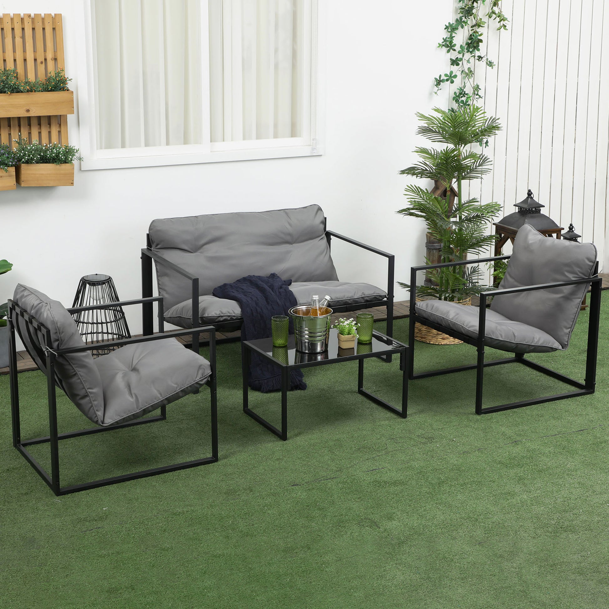 Garden Furniture Set 4 Persons Steel Weatherproof Balcony Furniture Set with 2-Seater Sofa, Armchair Glass Table Seat Cushions Outdoor Seating Group Patio Furniture Garden Set for Garden Terrace Balcony Gray+Black