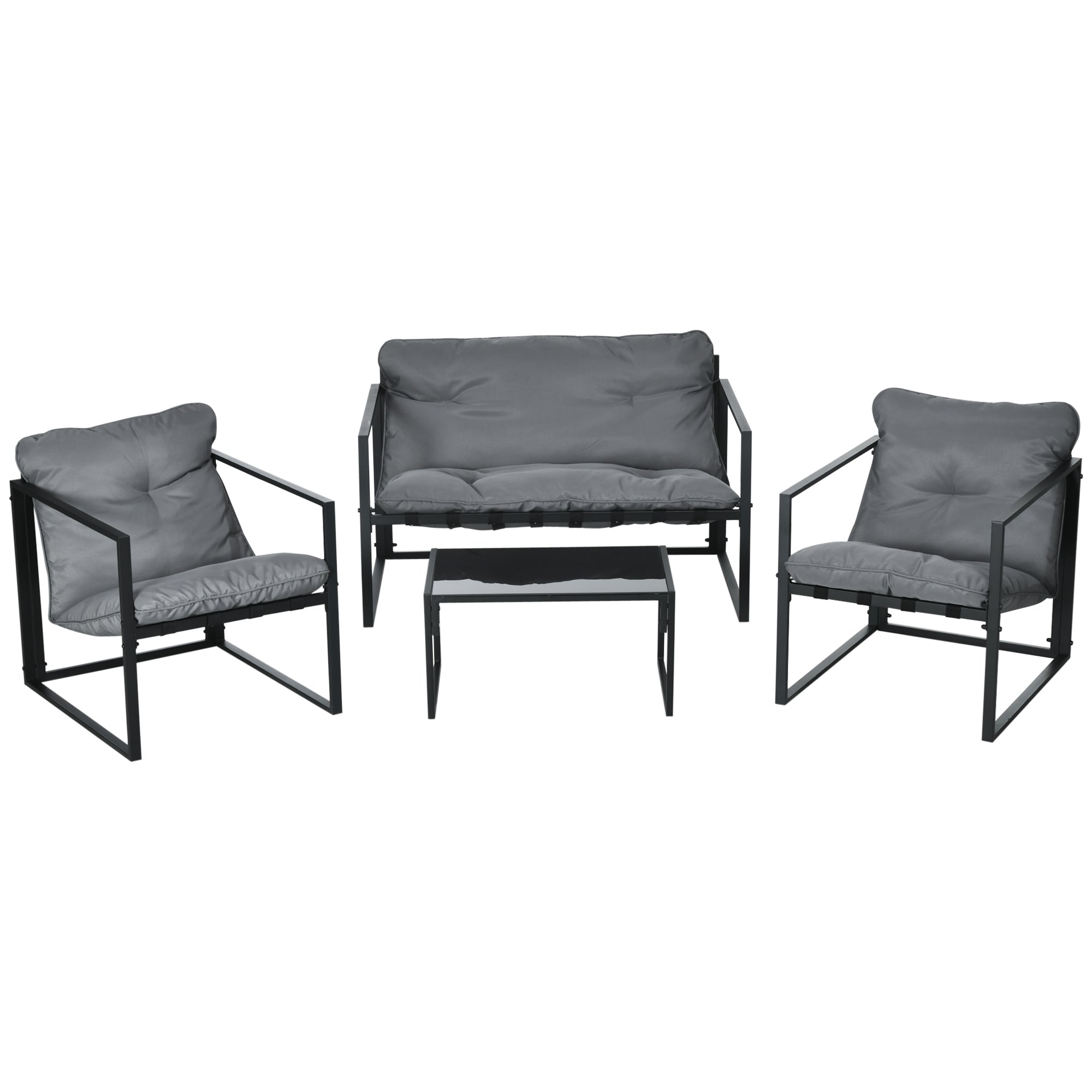 Garden Furniture Set 4 Persons Steel Weatherproof Balcony Furniture Set with 2-Seater Sofa, Armchair Glass Table Seat Cushions Outdoor Seating Group Patio Furniture Garden Set for Garden Terrace Balcony Gray+Black