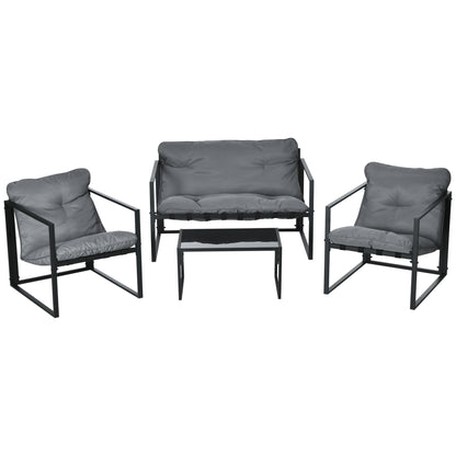 Garden Furniture Set 4 Persons Steel Weatherproof Balcony Furniture Set with 2-Seater Sofa, Armchair Glass Table Seat Cushions Outdoor Seating Group Patio Furniture Garden Set for Garden Terrace Balcony Gray+Black