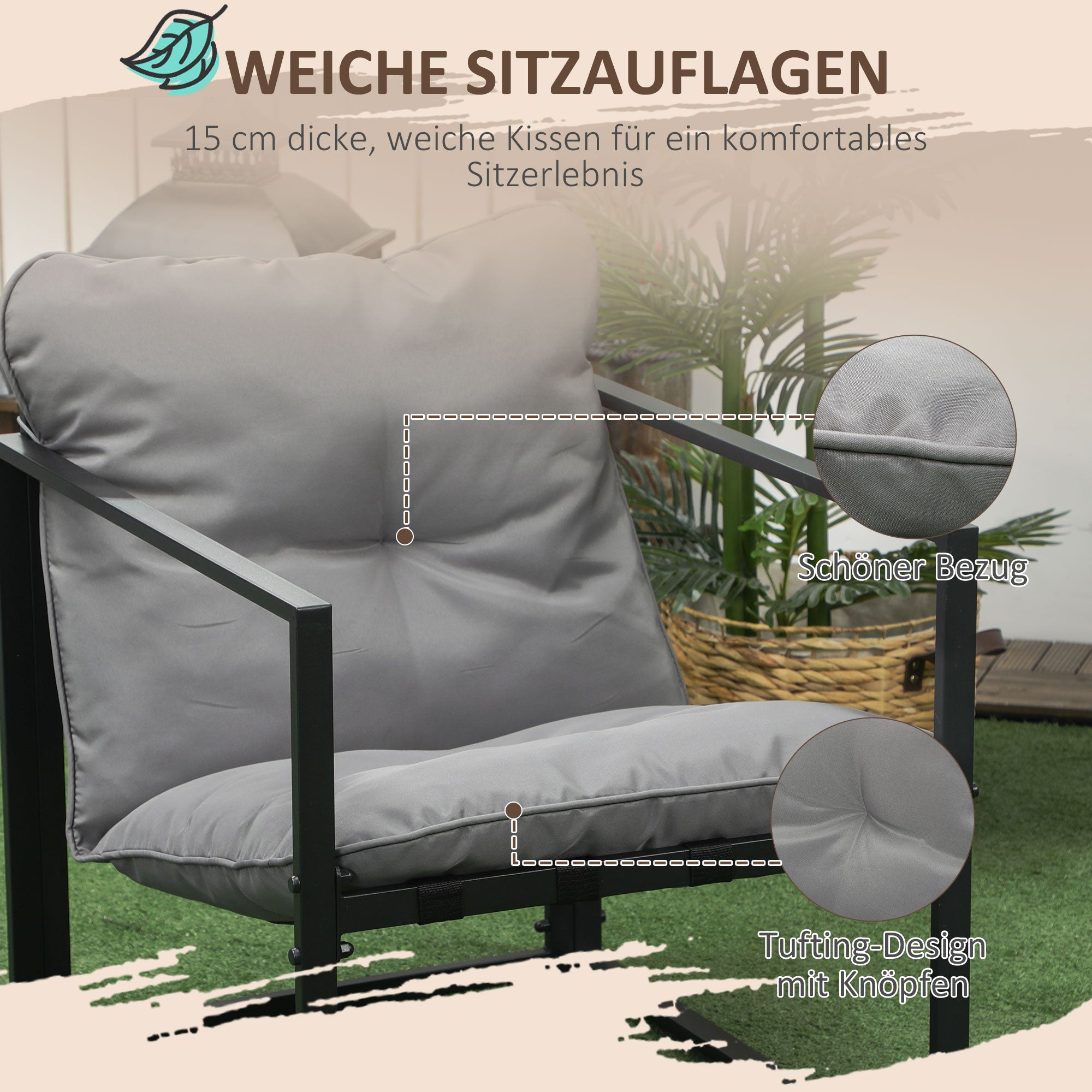 Garden Furniture Set 4 Persons Steel Weatherproof Balcony Furniture Set with 2-Seater Sofa, Armchair Glass Table Seat Cushions Outdoor Seating Group Patio Furniture Garden Set for Garden Terrace Balcony Gray+Black