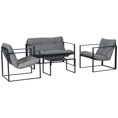 Garden Furniture Set 4 Persons Steel Weatherproof Balcony Furniture Set with 2-Seater Sofa, Armchair Glass Table Seat Cushions Outdoor Seating Group Patio Furniture Garden Set for Garden Terrace Balcony Gray+Black