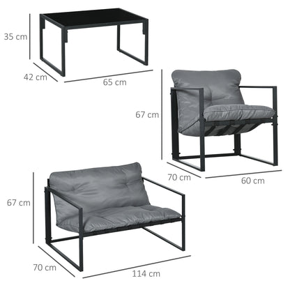 Garden Furniture Set 4 Persons Steel Weatherproof Balcony Furniture Set with 2-Seater Sofa, Armchair Glass Table Seat Cushions Outdoor Seating Group Patio Furniture Garden Set for Garden Terrace Balcony Gray+Black