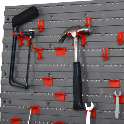 Tool Pegboard Wall Shelf 54 pcs Tool Holder Toolboard for Workshop Storage Bins Hook Set PP Grey+Red 95.5 x 23 x 53.5 cm