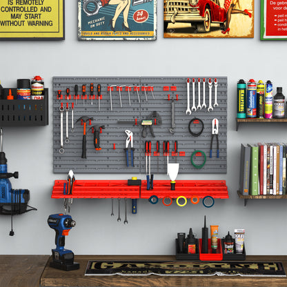 Tool Pegboard Wall Shelf 54 pcs Tool Holder Toolboard for Workshop Storage Bins Hook Set PP Grey+Red 95.5 x 23 x 53.5 cm