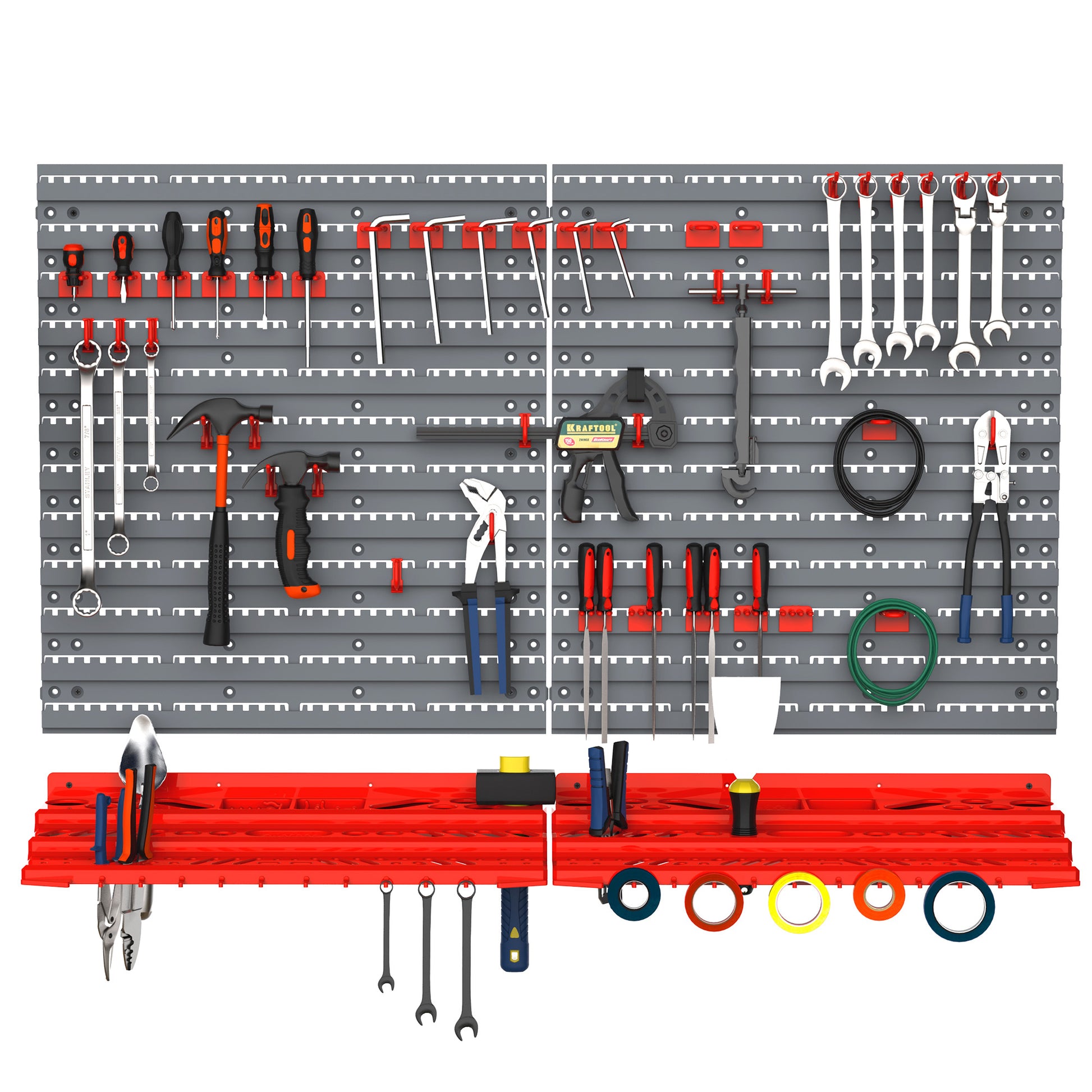Tool Pegboard Wall Shelf 54 pcs Tool Holder Toolboard for Workshop Storage Bins Hook Set PP Grey+Red 95.5 x 23 x 53.5 cm
