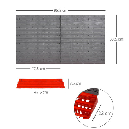 Tool Pegboard Wall Shelf 54 pcs Tool Holder Toolboard for Workshop Storage Bins Hook Set PP Grey+Red 95.5 x 23 x 53.5 cm