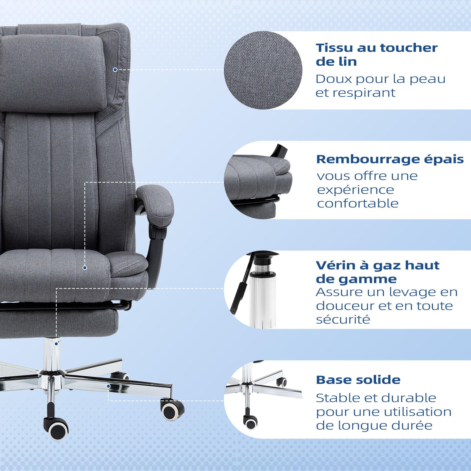 Office Chair Ergonomic Desk Chair Adjustable Height Reclining Backrest Armrests Footrest and Headrest Swivel Office Chair with Wheels 65x61x105-113cm Dark Gray