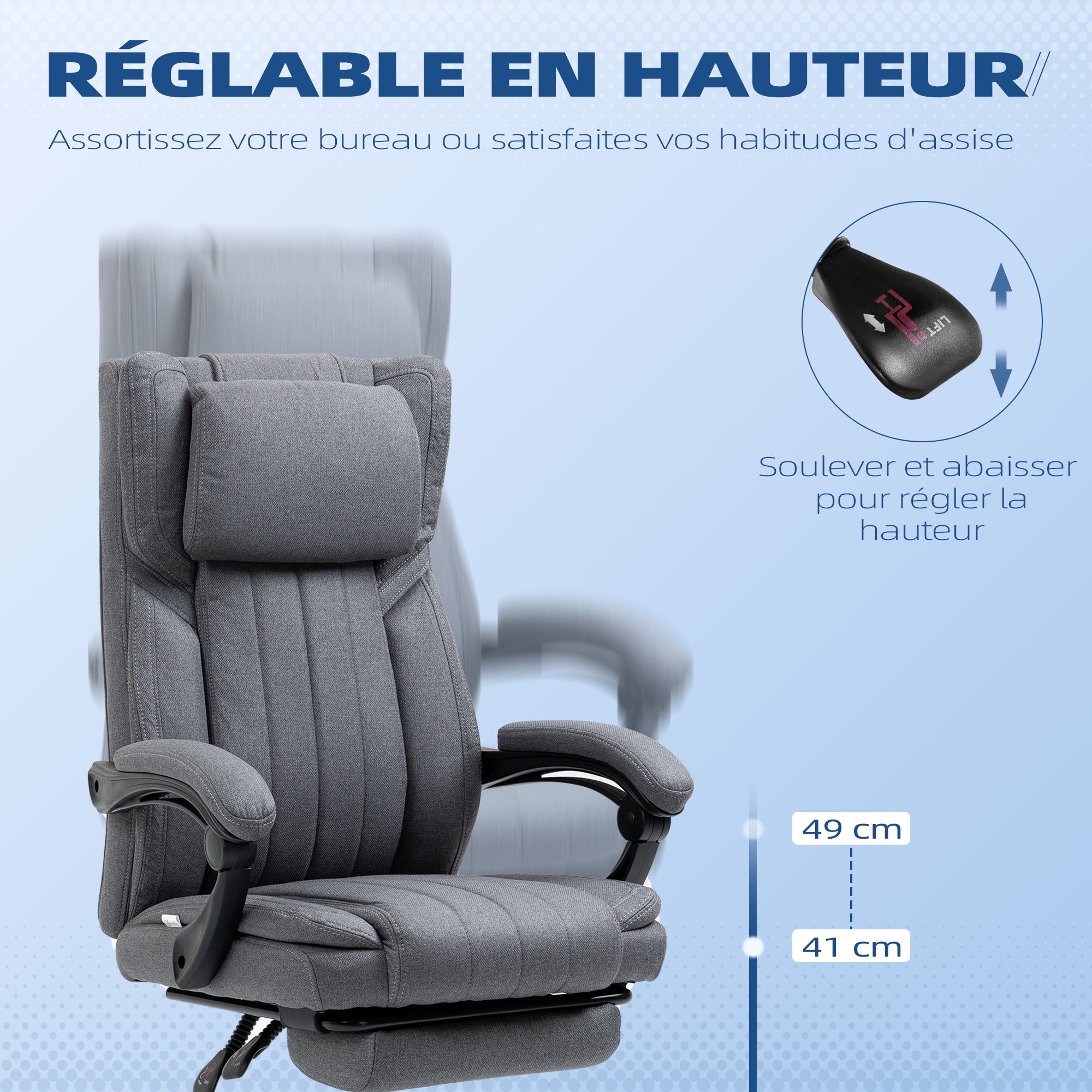 Office Chair Ergonomic Desk Chair Adjustable Height Reclining Backrest Armrests Footrest and Headrest Swivel Office Chair with Wheels 65x61x105-113cm Dark Gray