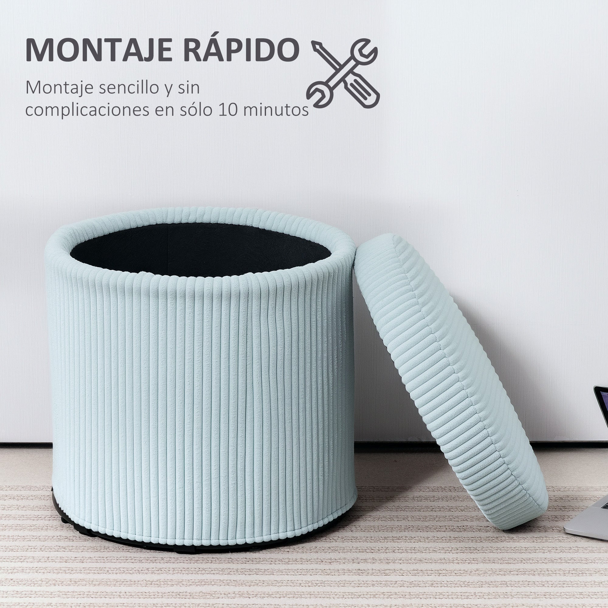 Round Storage Ottoman Upholstered in Velvet Padded Seat Removable Lid for Hallway Bedroom Living Room Ø40x41 cm Light Blue