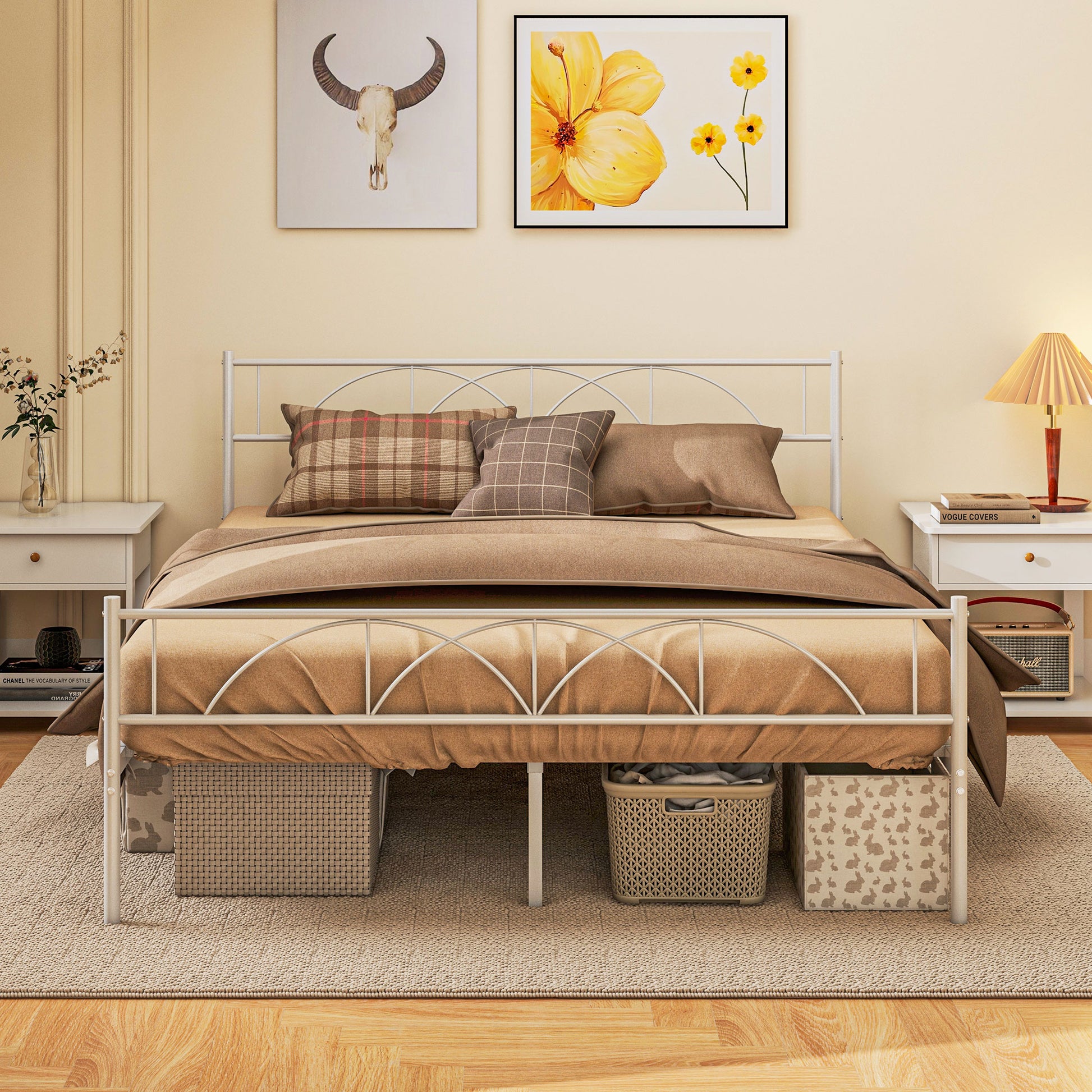 Double Bed 135x190 cm Bed Frame with Headboard Steel Slats and Storage Space Underneath Load 330 kg White