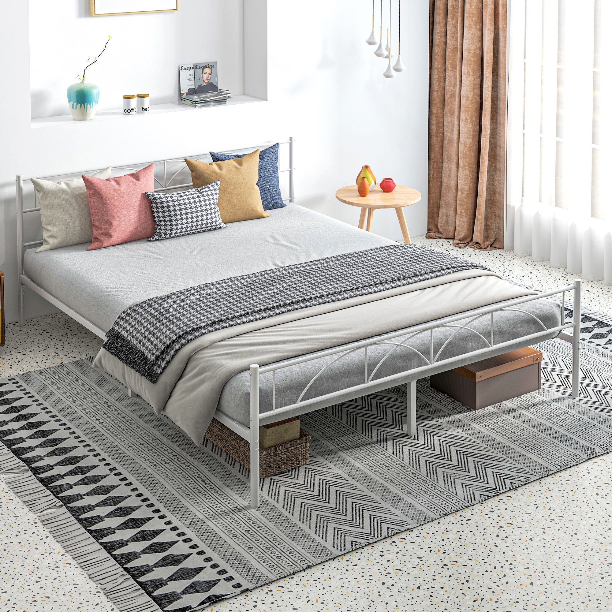 Double Bed 135x190 cm Bed Frame with Headboard Steel Slats and Storage Space Underneath Load 330 kg White
