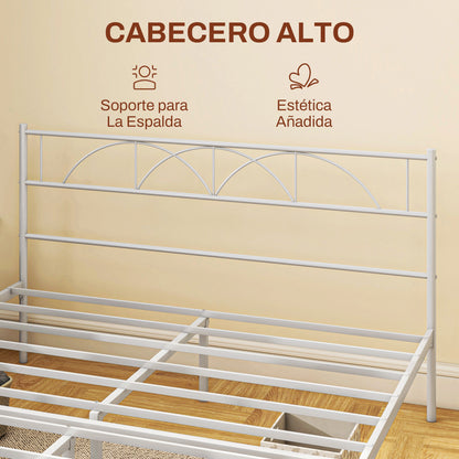Double Bed 135x190 cm Bed Frame with Headboard Steel Slats and Storage Space Underneath Load 330 kg White